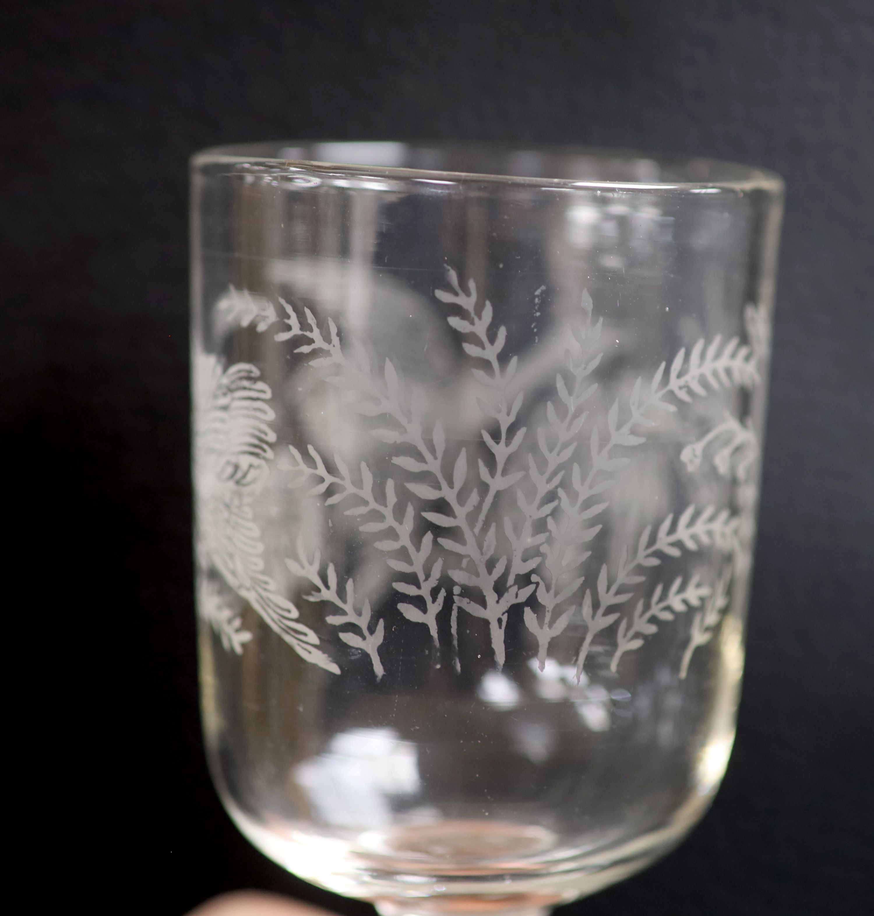 A set of ten etched glass goblets, height 14cm